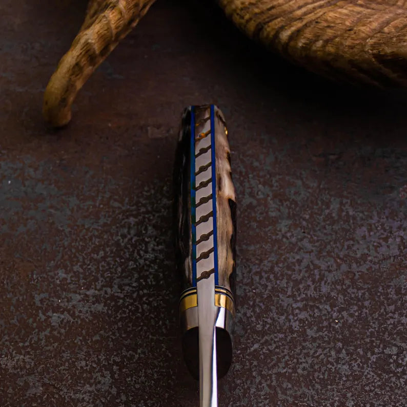 Handmade Hunting Knife: Ram Horn Handle, Full Tang Blade, with pure Leather Sheath