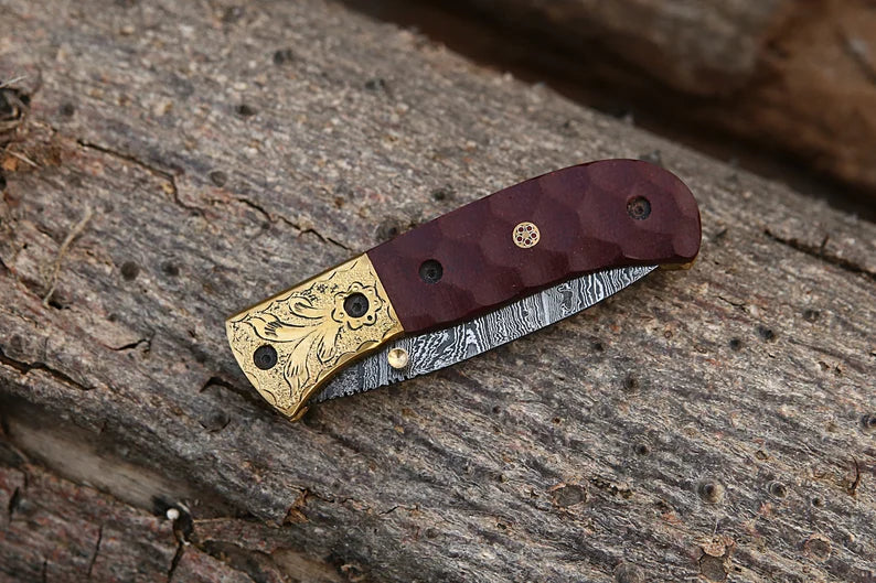 Handmade Damascus Liner lock folding knife with Red Micarta Sheet Handle Pocket knife Groomsman Gift Birthday Anniversary Gift For Men & Dad