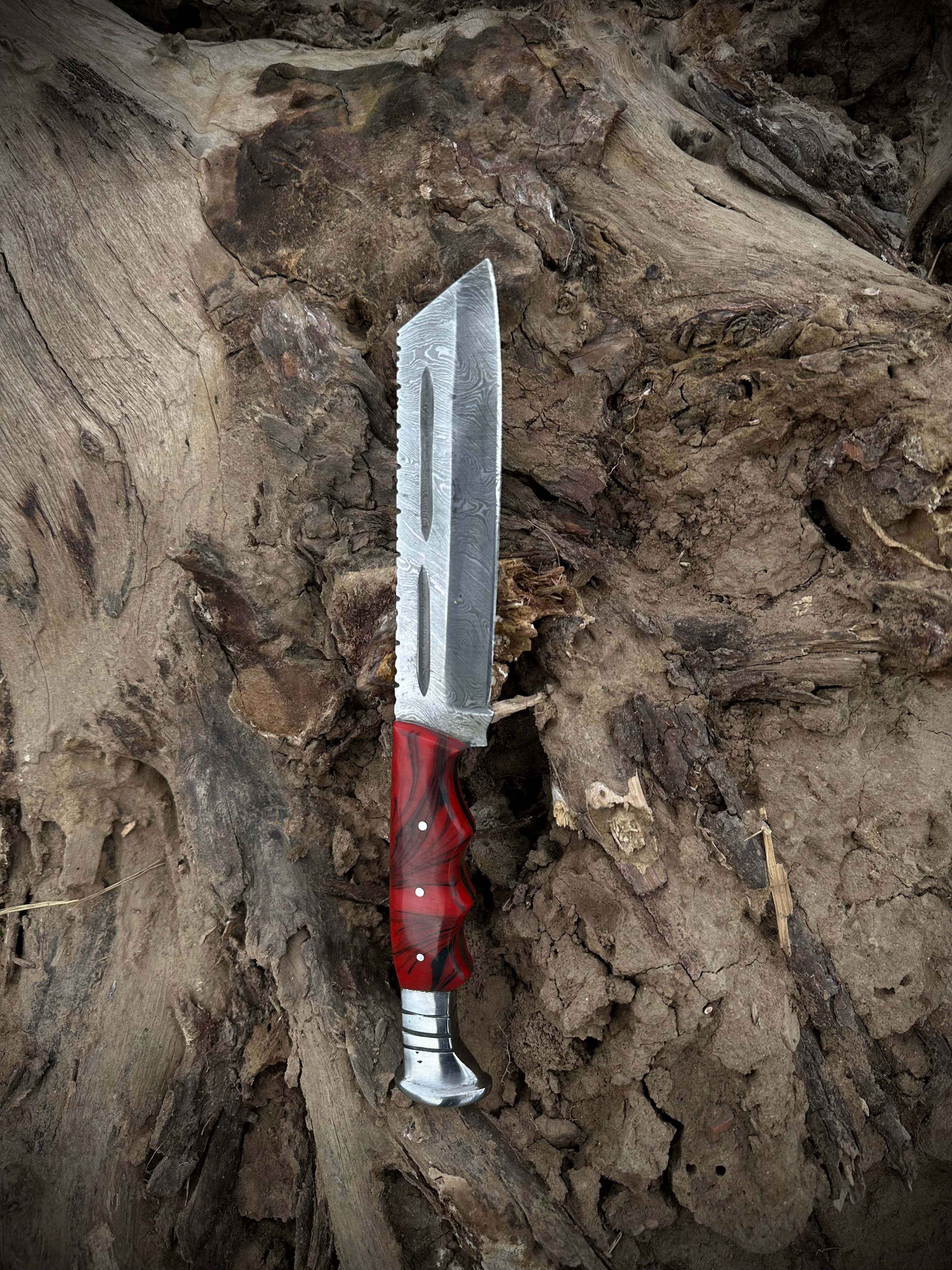 Hunting Knife 9.5" Handmade Damascus With Steel |  Custom Fixed Blade Knife With Resin Handle & Leather Sheath | Gift for Him