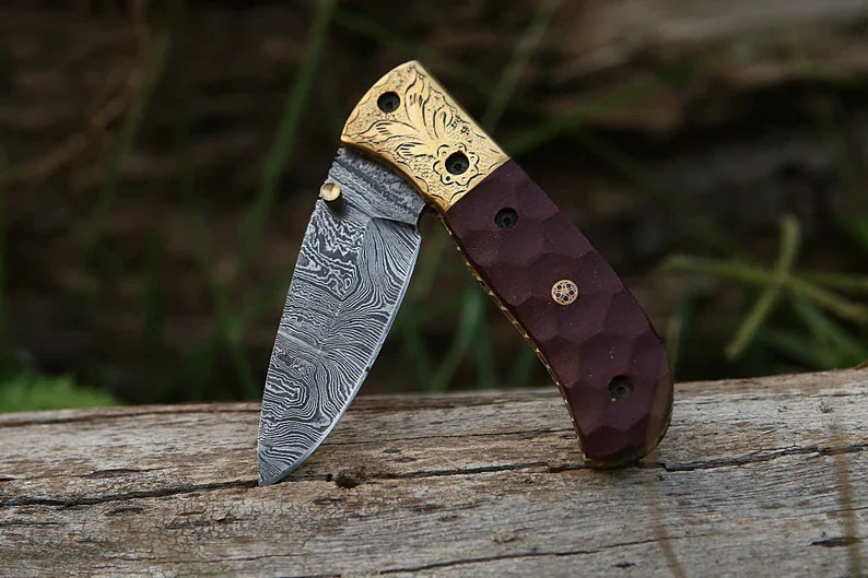 Handmade Damascus Liner lock folding knife with Red Micarta Sheet Handle Pocket knife Groomsman Gift Birthday Anniversary Gift For Men & Dad