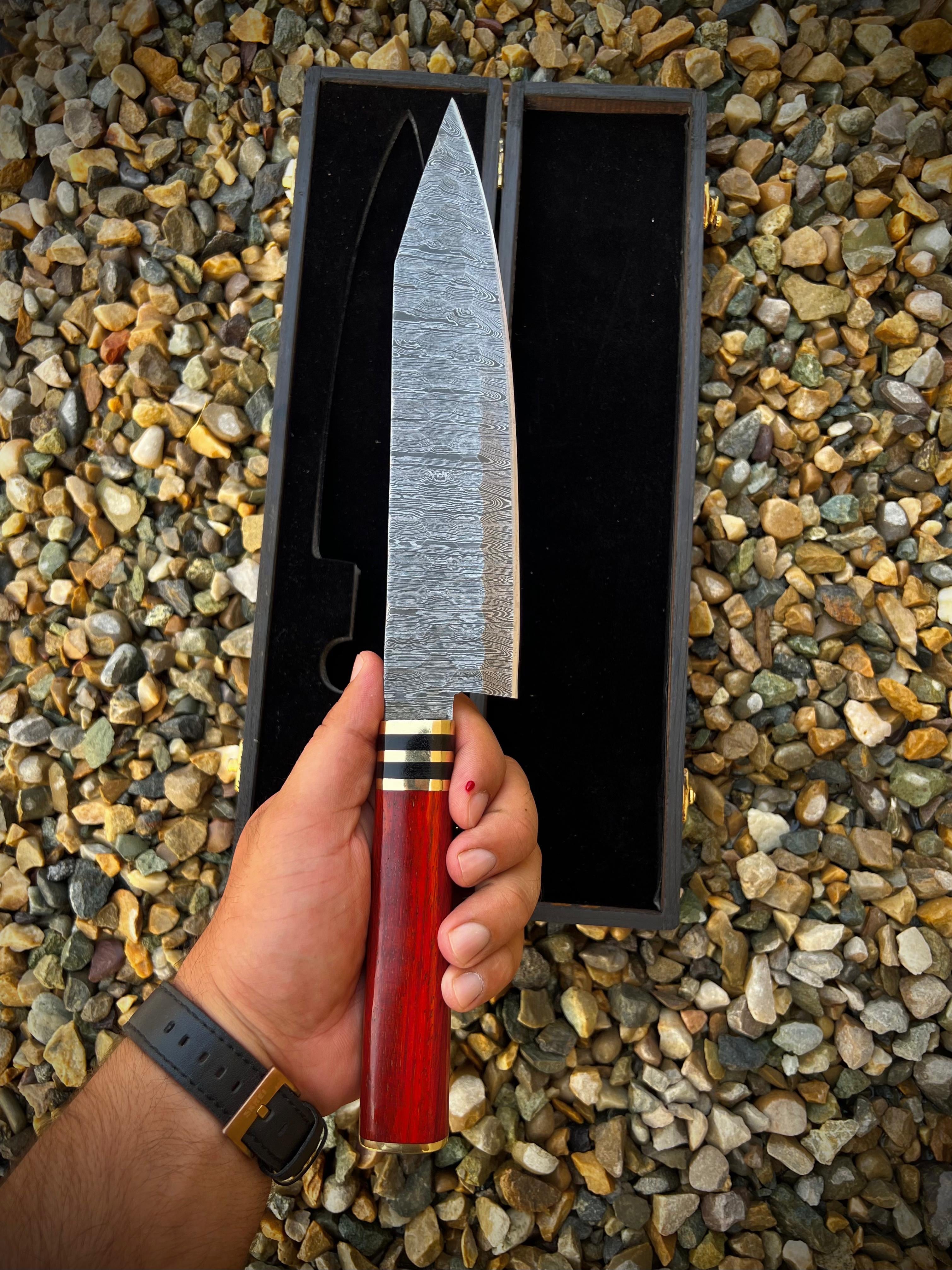 Custom Handmade Damascus steel red wood chef handle knife with wooden box