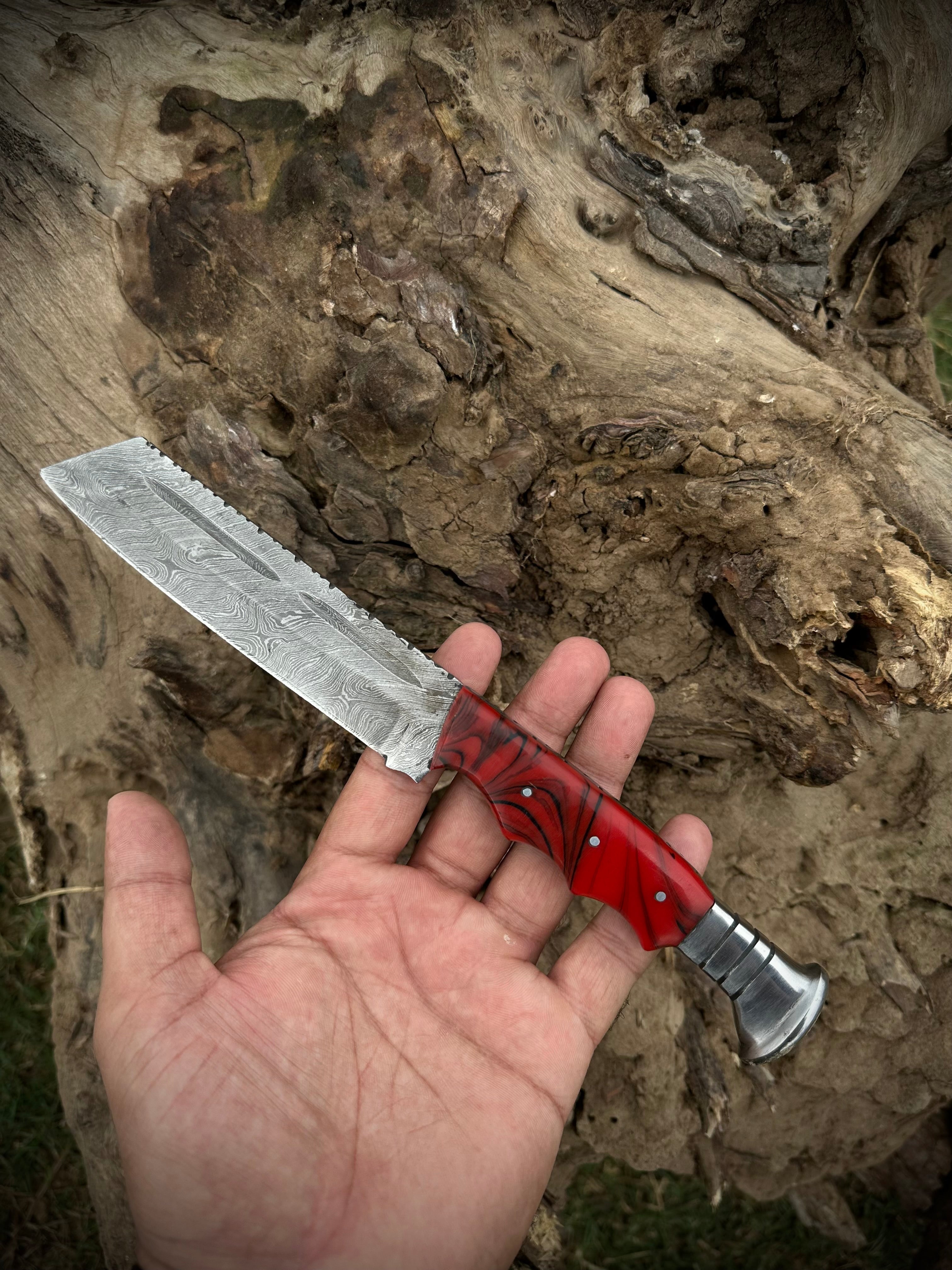 Hunting Knife 9.5" Handmade Damascus With Steel |  Custom Fixed Blade Knife With Resin Handle & Leather Sheath | Gift for Him