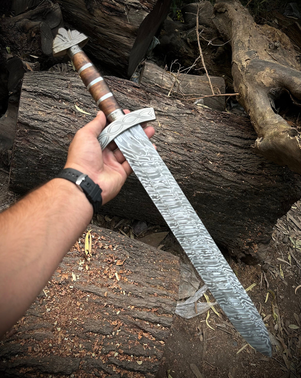 Custom Handmade Damascus steel Brown Sword with pure leather sheath.