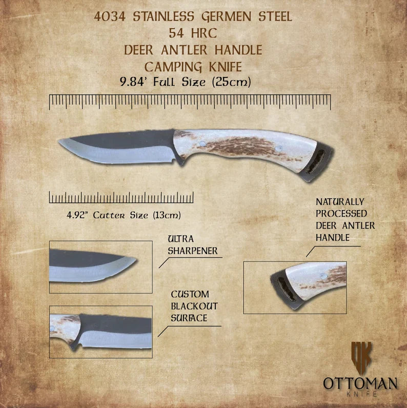 Deer Antler Handle Hunting Knife: D2 Steel Outdoor Survival Tool with pure leather sheath.