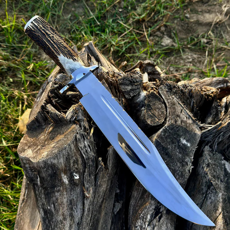 Handmade Bowie Knife: Elk Antler Handle, Mirror Polish J2 with pure leather sheath.