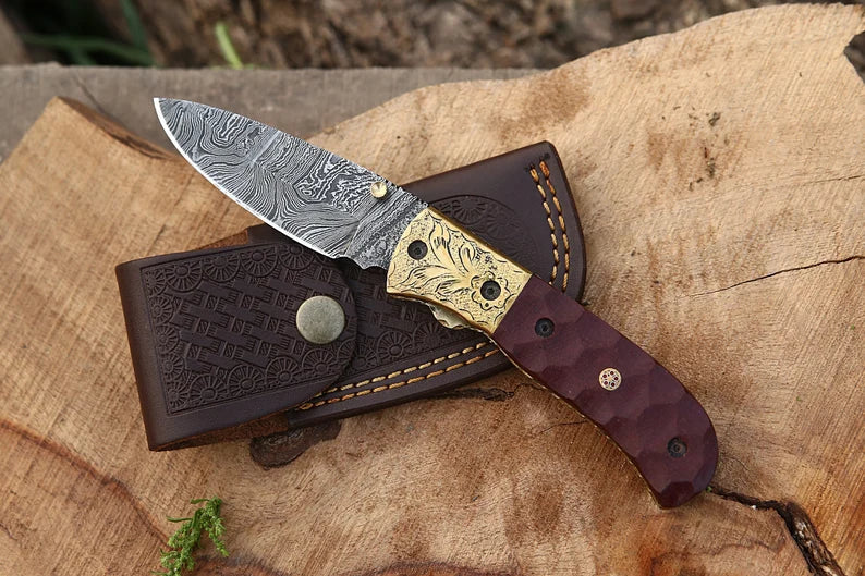 Handmade Damascus Liner lock folding knife with Red Micarta Sheet Handle Pocket knife Groomsman Gift Birthday Anniversary Gift For Men & Dad