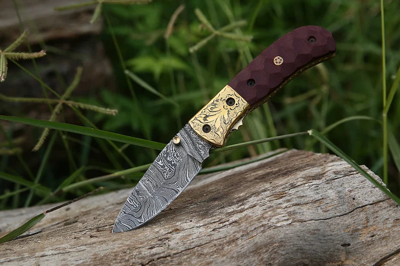 Handmade Damascus Liner lock folding knife with Red Micarta Sheet Handle Pocket knife Groomsman Gift Birthday Anniversary Gift For Men & Dad