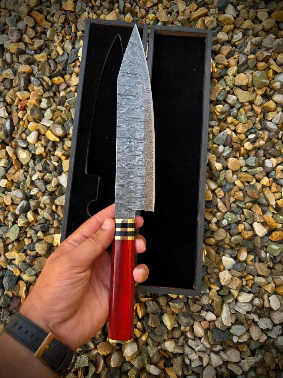 Custom Handmade Damascus steel red wood chef handle knife with wooden box