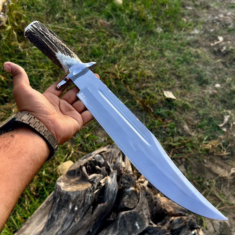 Handmade Bowie Knife: Elk Antler Handle, Mirror Polish J2 with pure leather sheath.