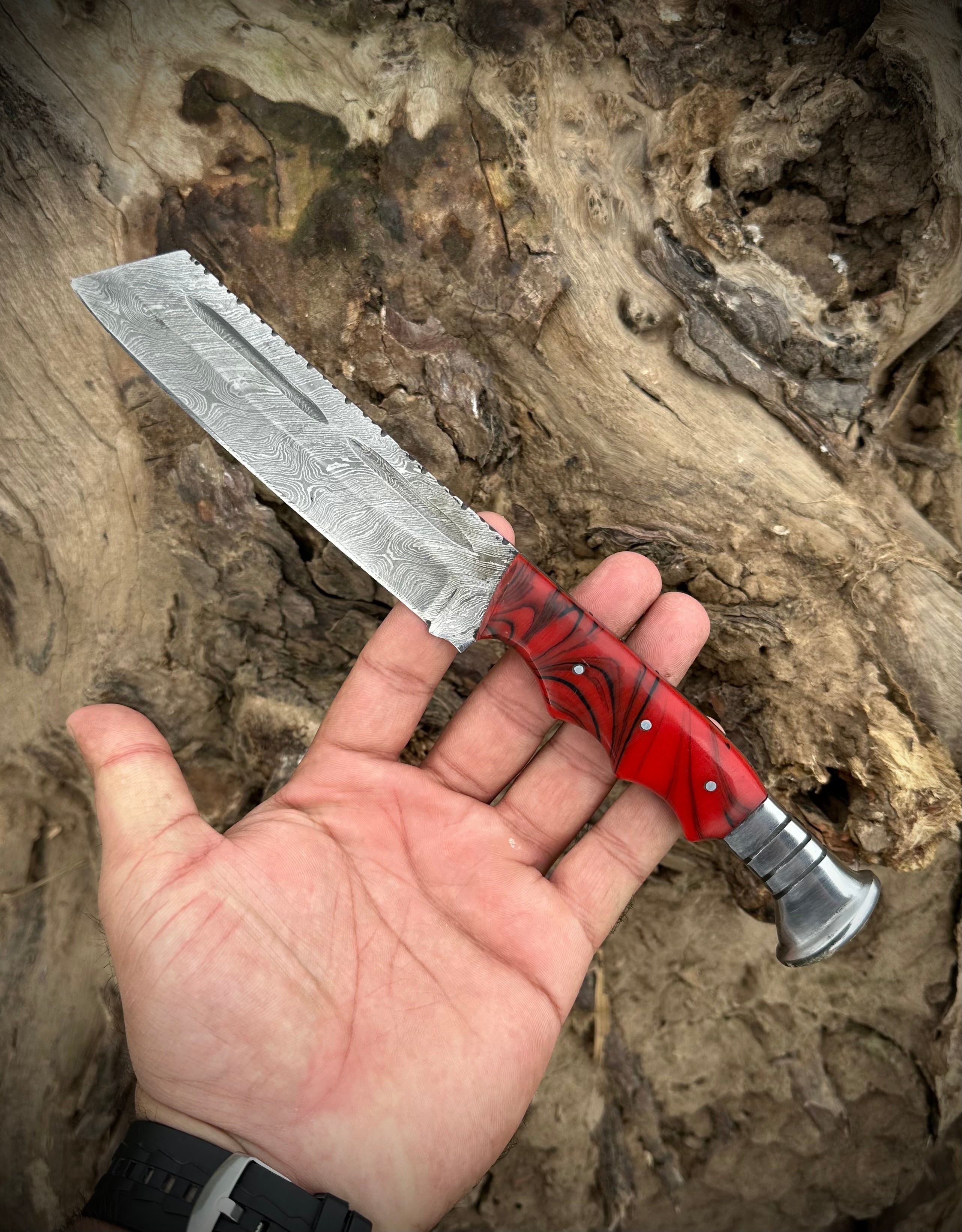 Hunting Knife 9.5" Handmade Damascus With Steel |  Custom Fixed Blade Knife With Resin Handle & Leather Sheath | Gift for Him