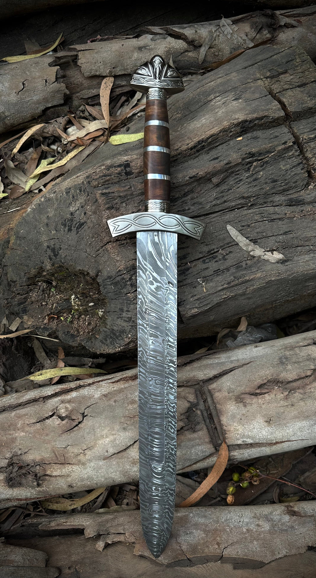 Custom Handmade Damascus steel Brown Sword with pure leather sheath.