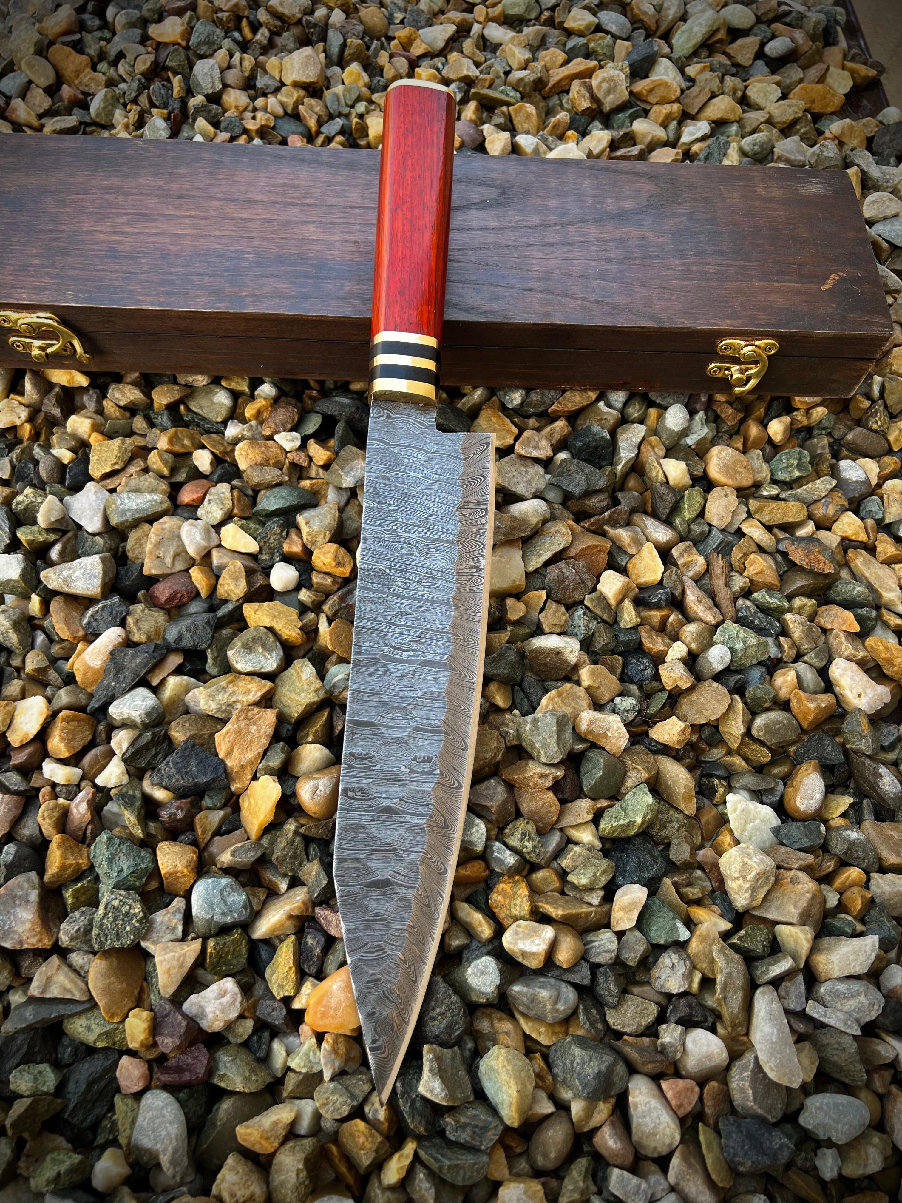 Custom Handmade Damascus steel red wood chef handle knife with wooden box