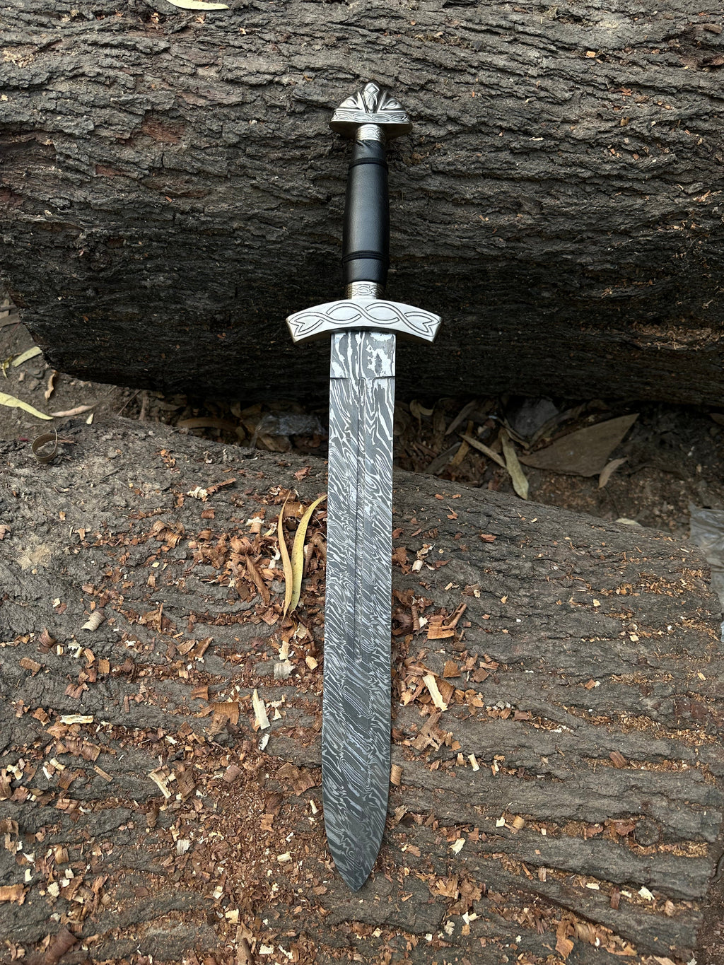 Custom Handmade Damascus Steel Short Sword with pure leather sheath.