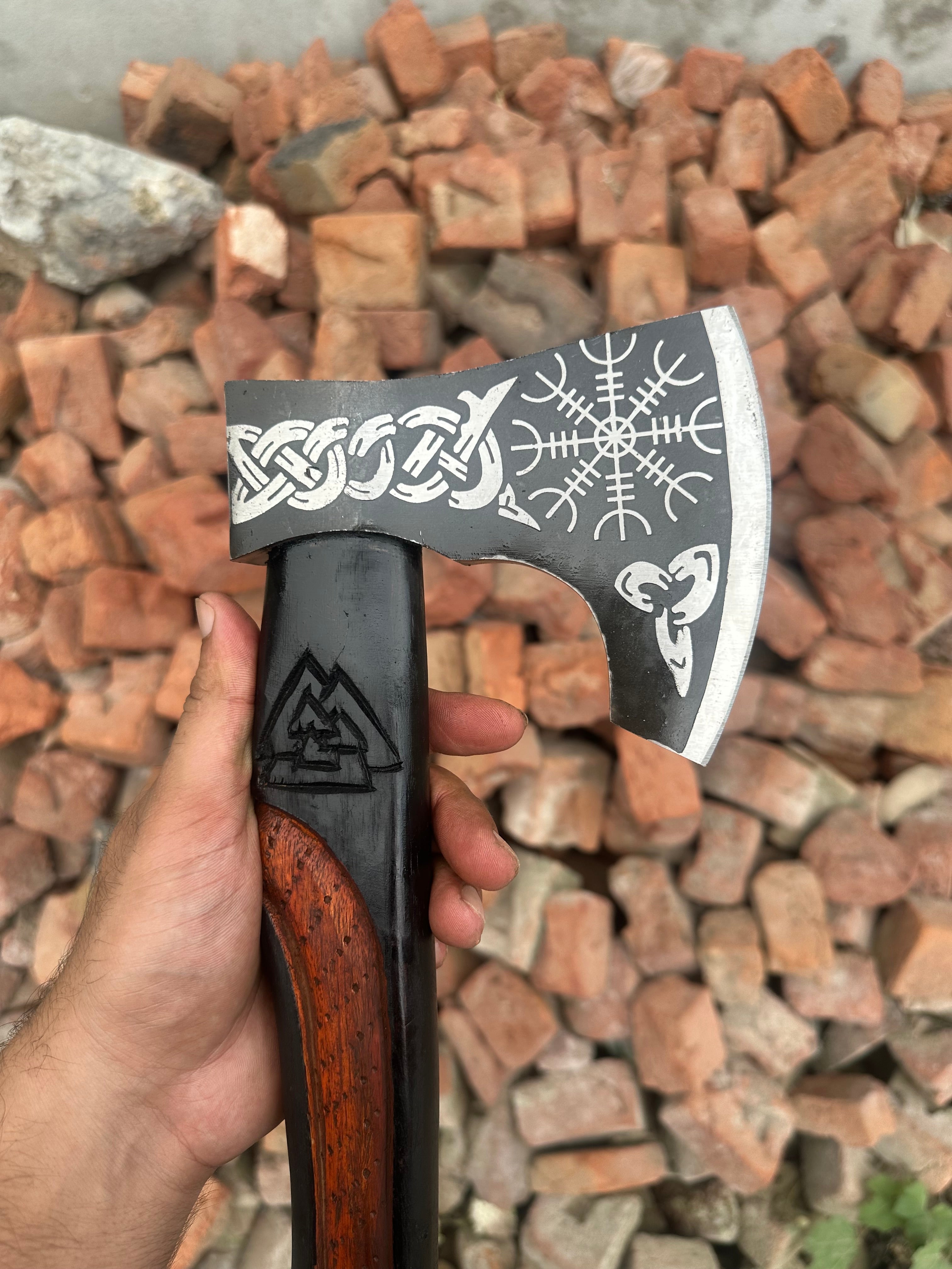 Hand Forged High-Carbon Steel Viking Battle Axe - Engraved Wood Handle, Custom Norse Axe, Gift for Boyfriend, Thanksgiving Gift for Husband