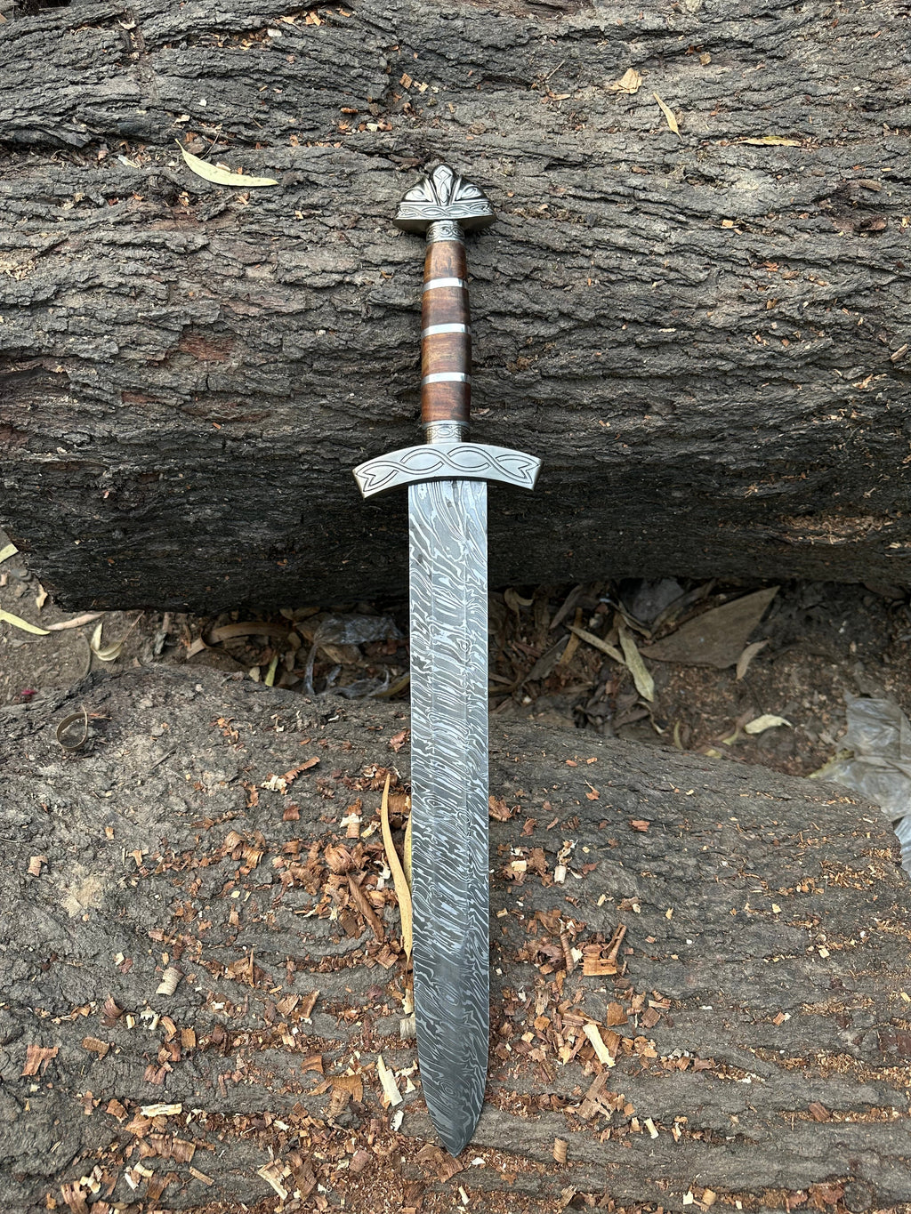 Custom Handmade Damascus steel Brown Sword with pure leather sheath.