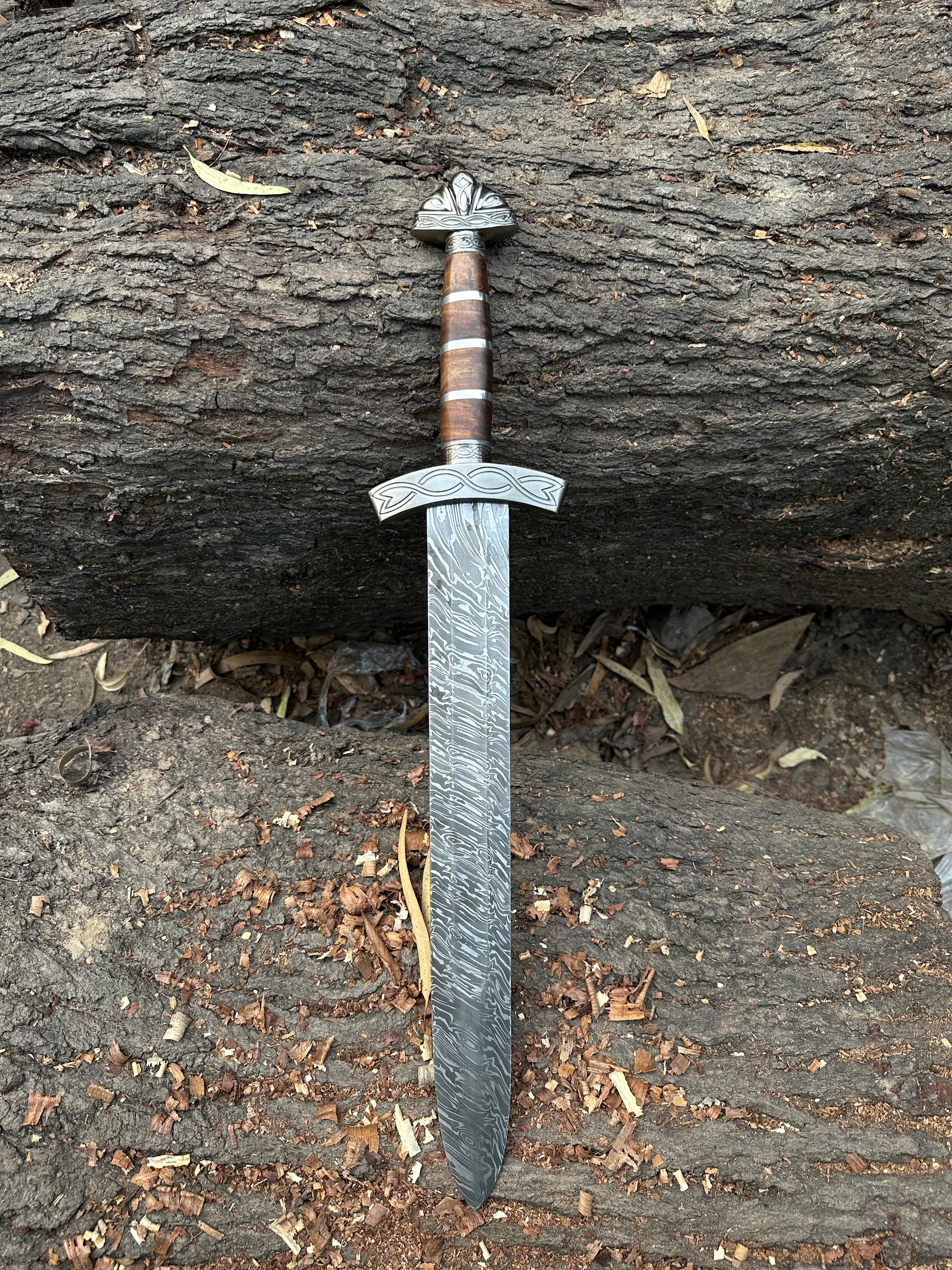 Custom Handmade Damascus steel Brown Sword with pure leather sheath.