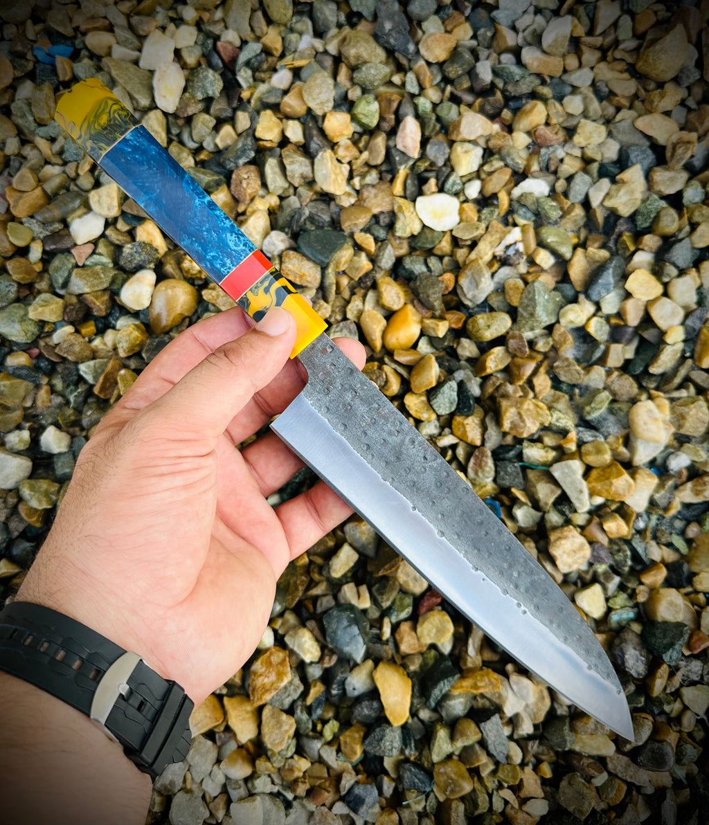 Custom Handmade high carbon steel Japanese Chef knife with Micarta handle and pure leather Sheath.