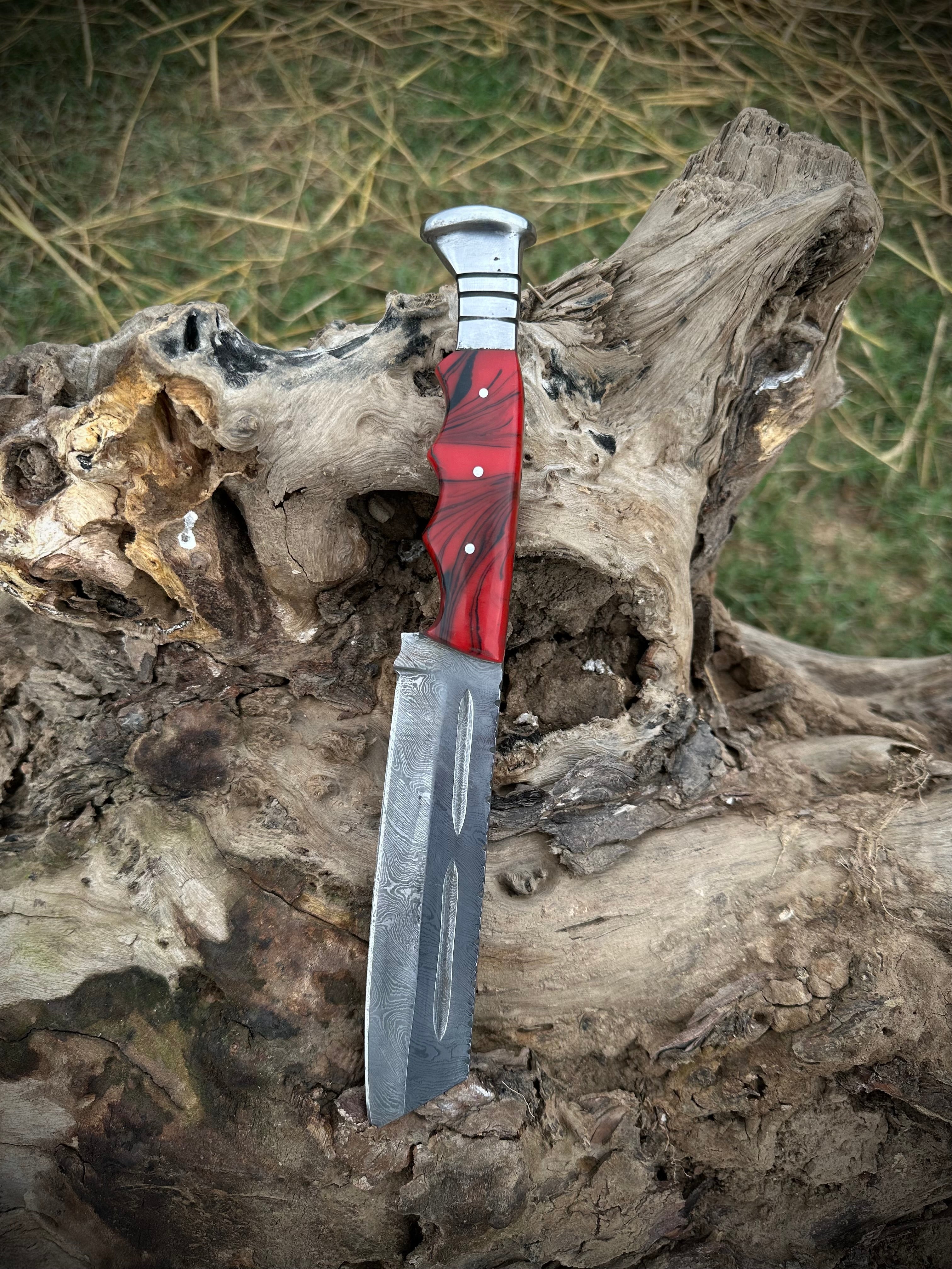 Hunting Knife 9.5" Handmade Damascus With Steel |  Custom Fixed Blade Knife With Resin Handle & Leather Sheath | Gift for Him