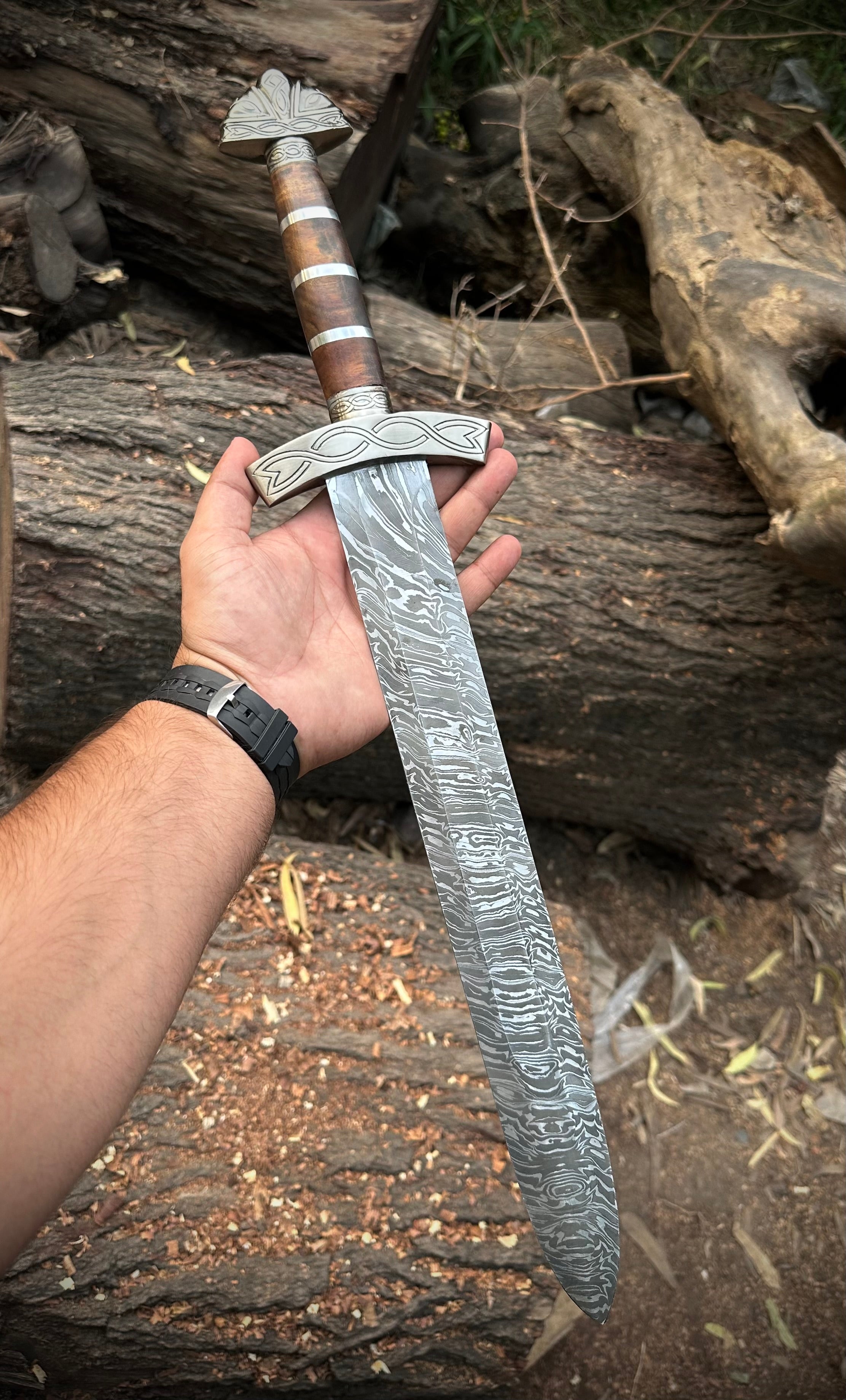 Custom Handmade Damascus steel Brown Sword with pure leather sheath.