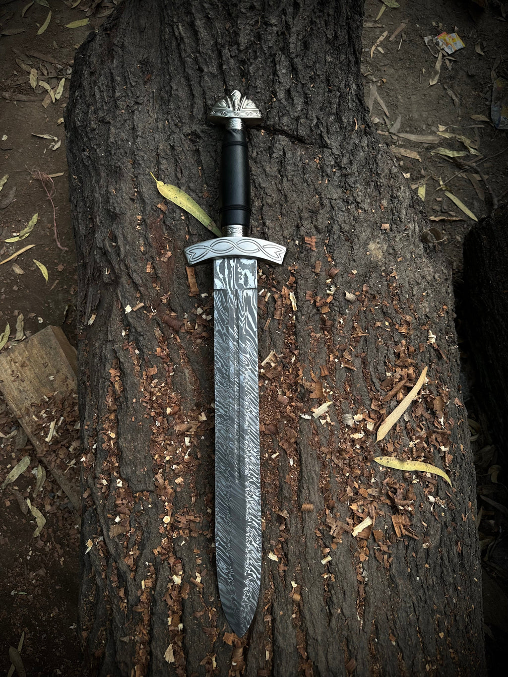 Custom Handmade Damascus Steel Short Sword with pure leather sheath.