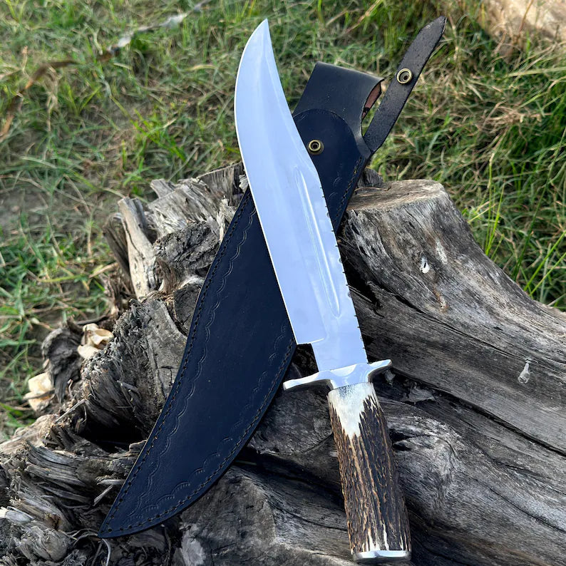 Handmade Bowie Knife: Elk Antler Handle, Mirror Polish J2 with pure leather sheath.