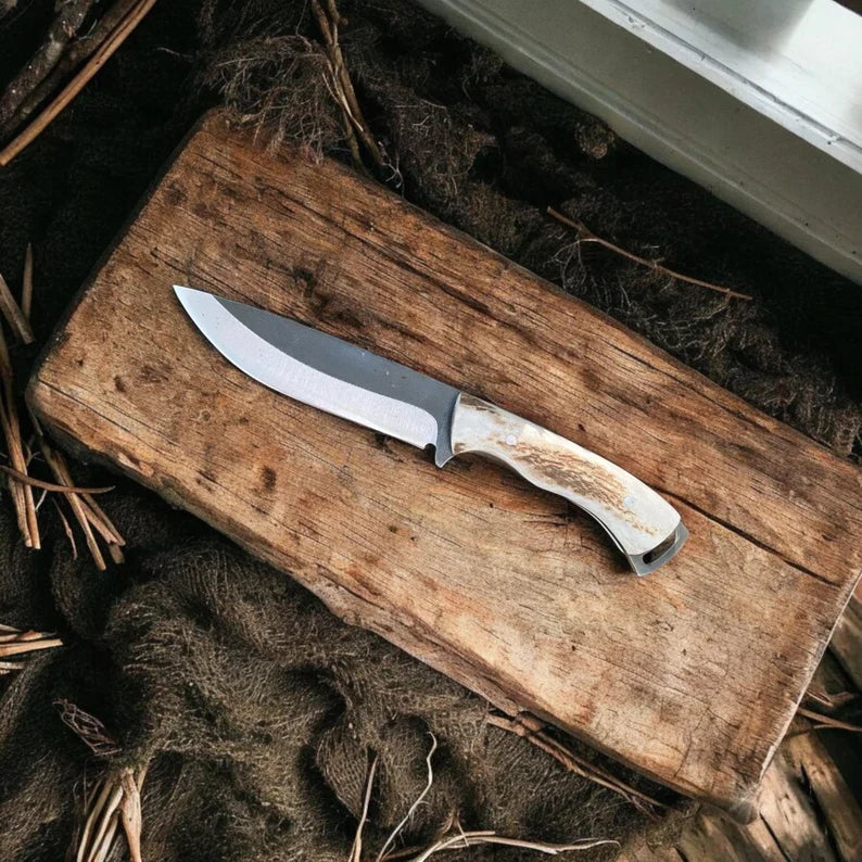 Deer Antler Handle Hunting Knife: D2 Steel Outdoor Survival Tool with pure leather sheath.