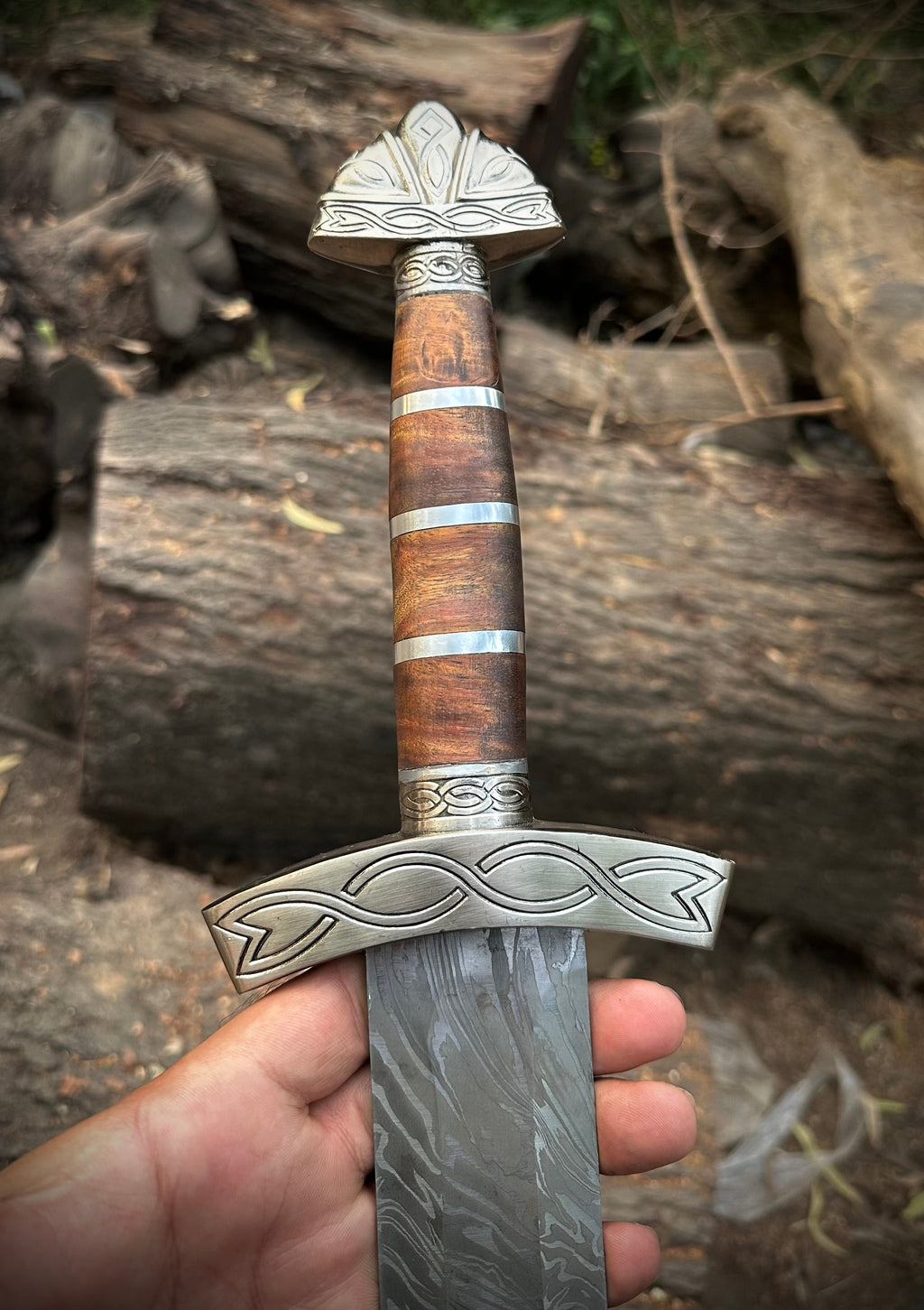 Custom Handmade Damascus steel Brown Sword with pure leather sheath.