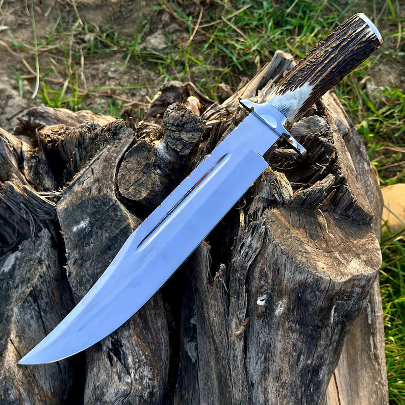 Handmade Bowie Knife: Elk Antler Handle, Mirror Polish J2 with pure leather sheath.
