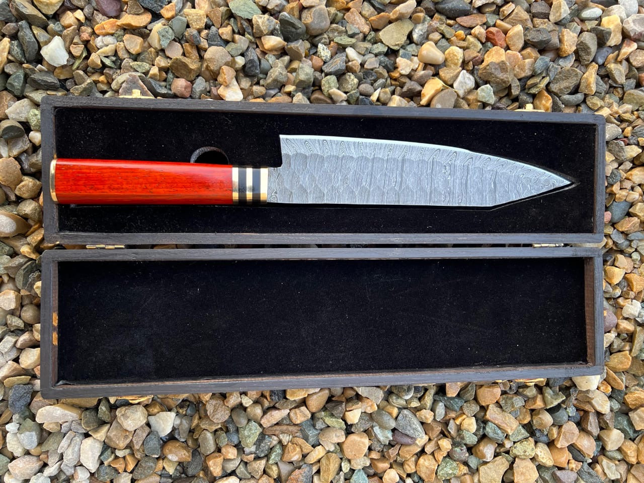 Custom Handmade Damascus steel red wood chef handle knife with wooden box